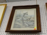 FRAMED QUAIL PRINT; VINTAGE PRINT OF THREE QUAIL SITTING ON A LOG FENCE. THIS PRINT IS SIGNED BY THE