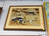 FRAMED NEEDLE POINT; VINTAGE FRAMED NEEDLEPOINT SHOWING SEVERAL BUILDING AND A FIELD. IT IS DOUBLE
