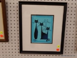 FRAMED RETRO CAT PRINT; THIS SUPER COOL MID-CENTURY MODERN (MCM) LOOKING PRINT IS OF LONG NECK CATS.