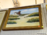 FRAMED LIGHTHOUSE OIL ON CANVAS; OIL ON CANVAS DEPICTING A LIGHTHOUSE WITH SAND AND GRASS IN THE