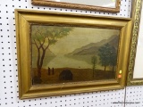 FRAMED LANDSCAPE PRINT; THIS PIE OF ART SHOWS A HOUSE WITH TREES OVER LOOKING A LAKE AND MOUNTAINS.