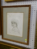 FRAMED EDNA HIBEL PRINT; FRAMED EDNA HIBEL PRINT OF A CHILD WEARING A HAT. IT IS PENCIL SIGNED AND
