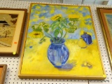 FRAMED OIL ON CANVAS; THIS IS A LARGE STILL LIFE OIL ON CANVAS OF A BLUE VASE WITH SUNFLOWERS ON A