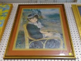 FRAMED PORTRAIT; THIS IS A FRAMED PAINTING OF A WOMAN WITH A BONNET SITTING IN A CHAIR. IT IS DOUBLE