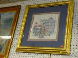 FRAMED FLORAL PRINT; THIS PRINT FEATURES POTTED FLOWERS AND A WIRE BIRDCAGE WITH THE ARTIST