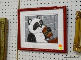 FRAMED PANDA PRINT; THIS IS A FRAMED PRINT OF A PANDA DRINKING A CUP OF COFFEE. IT IS SIGNED 