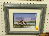FRAMED HORSE PRINT; THIS PRINT FEATURES TWO HORSES NEXT TO A CREEK WITH TREES IN THE PURPLE SETTING