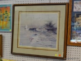 FRAMED SAILBOAT PRINT; THIS PRINT HAS 5 SAILBOATS ON THE WATER AND 3 SEAGULLS. THIS PRINT IS SIGNED