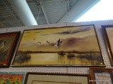 FRAMED OIL ON CANVAS GOOSE PRINT; THIS IS AN OIL ON CANVAS OF 4 CANADIAN GEESE FLYING OVER THE