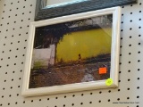 FRAMED PHOTO IMAGE OF CHILD IN STREET OR ALLEY; WHITE WOODEN FRAME, MEASURES 10 IN X 8 IN.