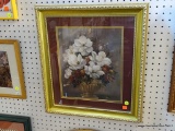 FRAMED STILL LIFE PRINT; FRAMED FLORAL STILL LIFE PRINT WITH FRUIT. IN GOLD AND BURGUNDY MATTING AND