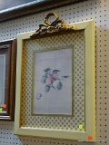CREAM COLORED FRAMED FLORAL IMAGE; CHECKERBOARD BORDER WITH BRONZE COLORED DETAIL ACROSS TOP OF