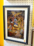 FRAMED NATIVITY SCENE PUZZLE; MATTED IN WHITE WITH A BLACK FRAME. MEASURES 17 IN X 23 IN.