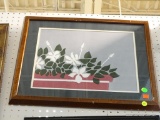 FRAMED FLORAL PRINT; IN SHADES OF RED, GREEN, AND WHITE. IN GREEN AND WHITE MATTING AND IN CHERRY