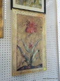 FRAMED FLORAL PRINT; IN SHADES OF GOLD, RED, AND GREEN AND IN A GOLD TONED FRAME. MEASURES 17.5 IN X