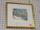 FRAMED LANDSCAPE PRINT; THIS PRINT DEPICTS A SNOWY SCENE WITH A BRIDGE, A CHURCH AND MOUNTAINS IN