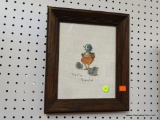 FRAMED NEEDLEPOINT; HANDMADE NEEDLEPOINT OF A NEWLY HATCHED BIRD THAT SAYS 