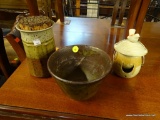 POTTERY LOT; THIS LOT CONTAINS 3 PIECES OF POTTERY, ONE IS TALL WITH A CORK TOP, ONE IS A SMALL