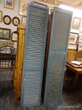 SET OF VINTAGE SHUTTERS; SET OF TWO LARGE VINTAGE STORM SHUTTERS. THESE ARE BOTH SLATTED SHUTTERS