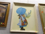 HOLLY HOBBIE OIL ON CANVAS; FRAMED OIL ON CANVAS OF THE ICONIC HOLLY HOBBIE IN HER PATCHWORK RAG