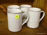 SET OF WHITE LIBBEY MUGS; SET OF 4 WHITE MUGS WITH HOLLY DECORATION AROUND THE TOP AND GOLD TONED