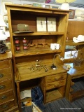 VINTAGE WOODEN DESK; THIS DESK HAS TWO UPPER SHELVES WITH PLENTY OF SPACE TO STORE BOOKS OR OFFICE