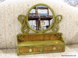 VINTAGE LOOK WALL DECOR; OLIVE GREEN VINTAGE LOOKING WALL MIRROR WITH BOTTOM SHELF. THE SHELF HAS