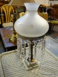 TABLE LAMP; FROSTED GLASS GLOBE WITH DANGLING 