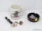 WINCHESTER MEMORABILIA LOT; INCLUDES WINCHESTER COFFEE MUG (WHITE), ASHTRAY (BLACK), 2 KEYCHAINS,