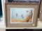 (WALL) FRAMED PRINT IMAGE OF HUNTING FOWL IN FLIGHT; BURLAP BORDER AND WOODEN FRAME. MEASURES 15 IN