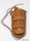 LEATHER GUN HOLSTER; BROWN LEATHER BELT-STYLE GUN HOLSTER WITH BACK PANEL AND ATTACHED SHEATH. PANEL