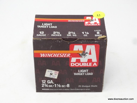 12 GAUGE AMMO; WINCHESTER AA LIGHT TARGET LOAD. 12 GAUGE, 2 3/4 INCHES, 2 3/4 DR EQ, 1 1/8 OZ, 8