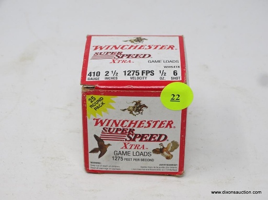 WINCHESTER SUPER SPEED XTRA GAME LOADS; 1275 FEET PER SECOND, 25 ROUND PACK. FOR MORE, PLEASE SEE