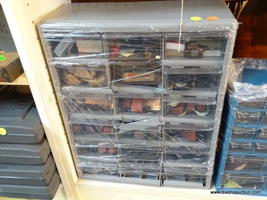 18-DRAWER STORAGE CHEST; FILLED WITH FIREARM PARTS AS WELL AS SOME AMMUNITION. CABINET IS GREY IN