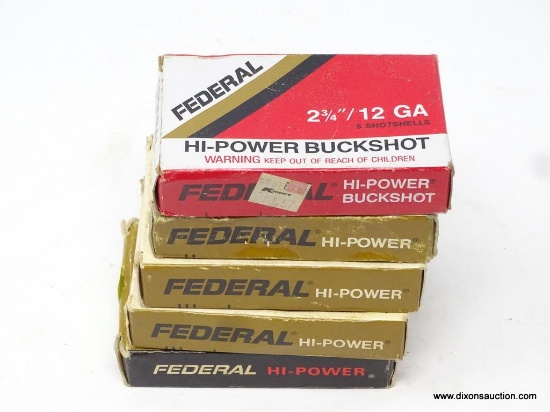 ASSORTED BUCKSHOT AMMO LOT; INCLUDES 5 TOTAL BOXES OF FEDERAL SHOT SHELLS (ALL 12 GAUGE, 2 OF 2 3/4