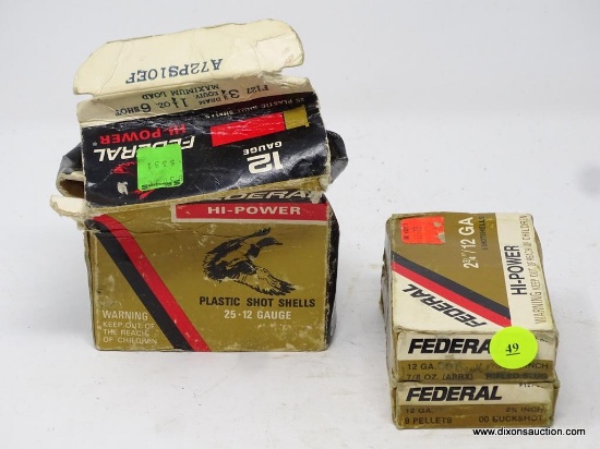 ASSORTED 12 GAUGE AMMO LOT; INCLUDES 2 BOXES OF FEDERAL HI-POWER 2 3/4 IN SHOTSHELLS (TOTAL OF 10)