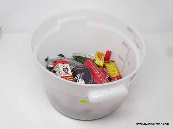 BUCKET LOT; 12 QT FROSTED WHITE PLASTIC BUCKET WITH RED MEASUREMENT LABEL, FILLED WITH ASSORTED GUN