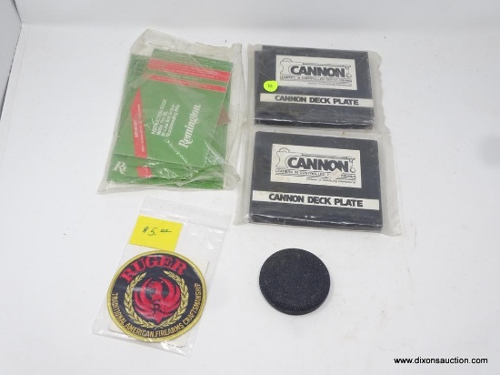 LOT OF CANNON DECK PLATES, RUGER PATCHES AND DECALS, AND SEVERAL ASSORTED REMINGTON RIFLE