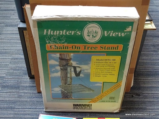 HUNTER'S VIEW CHAIN-ON TREE STAND; MODEL HVTS-100. PLATFORM SIZE IS 18 IN X 24 IN. STEEL CABLE