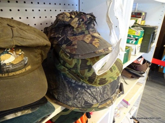 LOT OF HUNTING HATS; CAMOUFLAGE PRINTED HATS, TOTAL OF 5. 2 ARE BASEBALL CAP STYLE AND MADE BY MOSSY