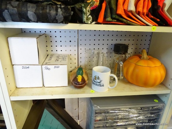 SHELF LOT; INCLUDES COLLECTIBLES FOR THE OUTDOORSMAN SUCH AS A REMINGTON COFFEE MUG, A CERAMIC DUCK