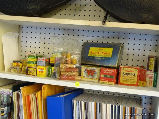SHELF LOT OF AMMO; INCLUDES VINTAGE AMMO IN SMALL ENVELOPES SUCH AS GERMAN SILVER WISCHO 25 KG