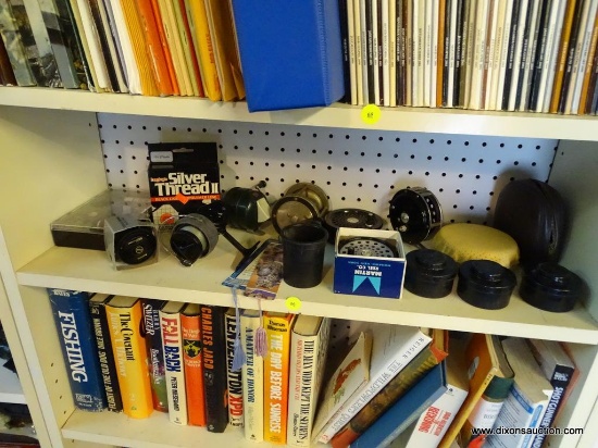 SHELF LOT OF ASSORTED FISHING SUPPLIES; INCLUDES GRAPHITE SPOOL, BAGLEY'S SILVER THREAD II LINE,