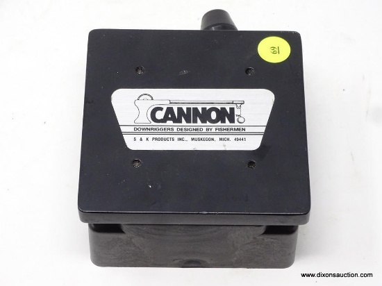 CANNON DOWNRIGGER BASE; FOR BOATS/FISHING, MADE IN USA, BLACK IN COLOR, MEASURES 5 IN X 5 IN X 2.5