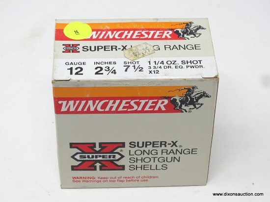 12 GAUGE AMMO; WINCHESTER SUPER-X LONG RANGE. 12 GAUGE, 2 3/4 INCHES, 7 1/2 SHOT, 1 1/4 OZ SHOT. 3
