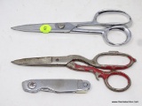 SCISSORS AND KNIFE LOT; 1 PAIR OF 8 INCH CHROME SEWING SCISSORS BY CASE, A PAIR OF BOKER TREE BLIND