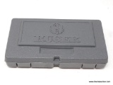 RUGER GUN CASE; HARDSIDED GREY PLASTIC CASE WITH ORANGE LABEL ON END, MADE FOR A .22LB CAL HANDGUN,