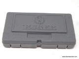 RUGER GUN CASE; HARDSIDED GREY PLASTIC CASE WITH YELLOW LABEL ON END, MADE FOR A .44 MAGNUM HANDGUN,