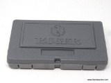 RUGER GUN CASE; HARDSIDED GREY PLASTIC CASE WITH YELLOW LABEL ON END, MADE FOR A .45 COLT, MODEL