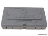 RUGER GUN CASE; HARDSIDED GREY PLASTIC CASE WITH YELLOW LABEL ON END, MADE FOR A 45 ACP, MODEL